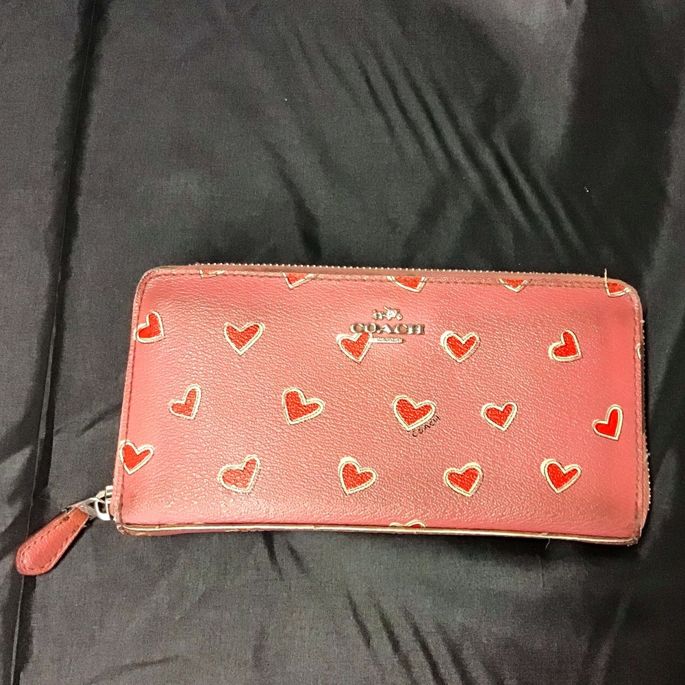 Coach Zip Closure Wallet Pink with red Hearts